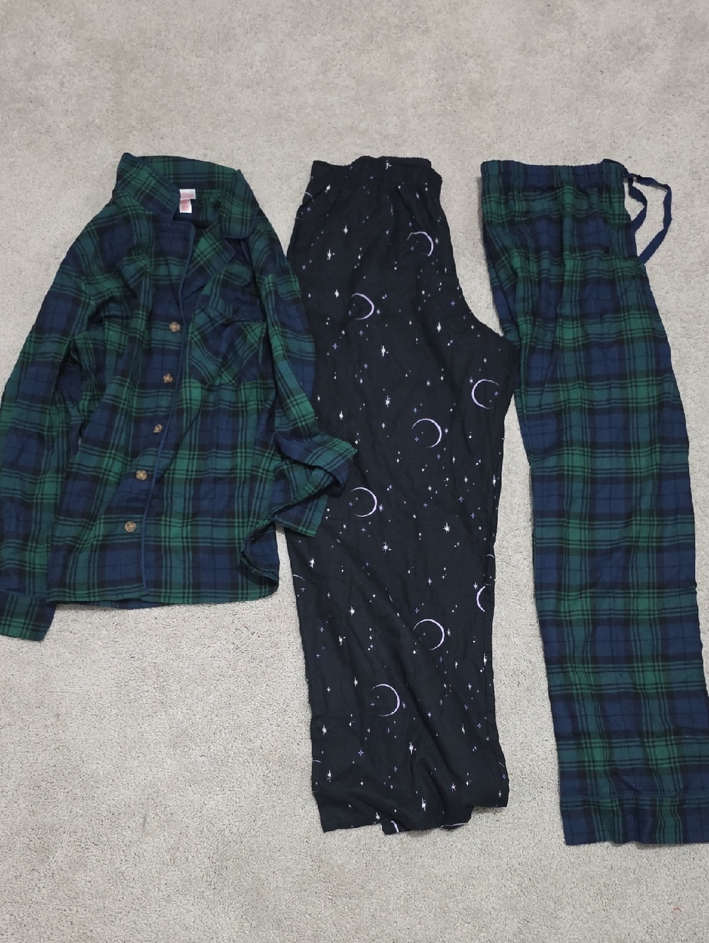 Navy Green and Navy Plaid Pajama Set with Black Moon-Print Cami